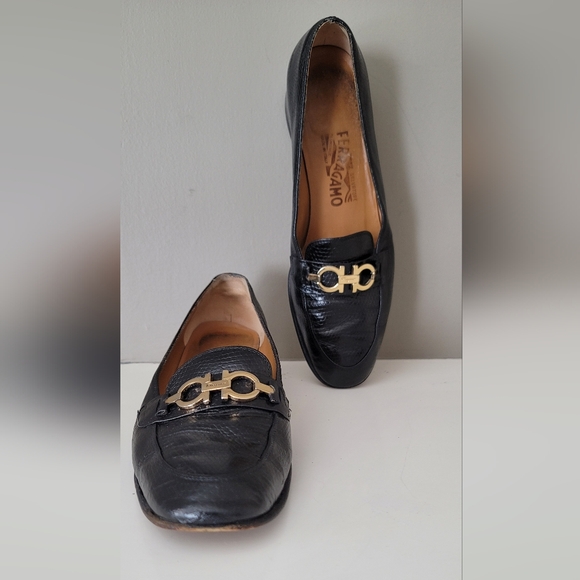 Salvatore Ferragamo Black Leather Heeled Loafers with Gold Hardware - Picture 3 of 11